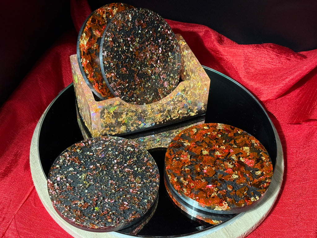 Red&Pink Flaked Handcrafted Resin Coaster Set with Holder (Set of 4)