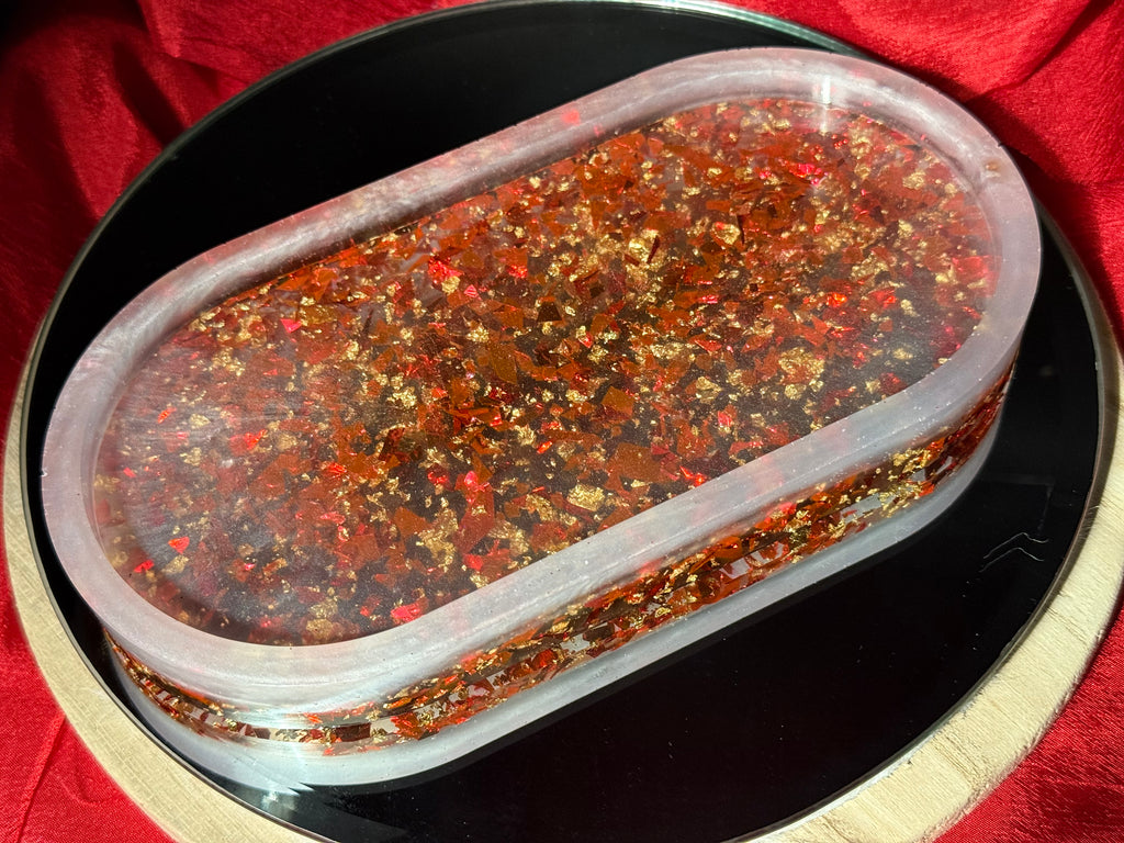 Red&Gold Flaked Oval Resin Decorative Tray