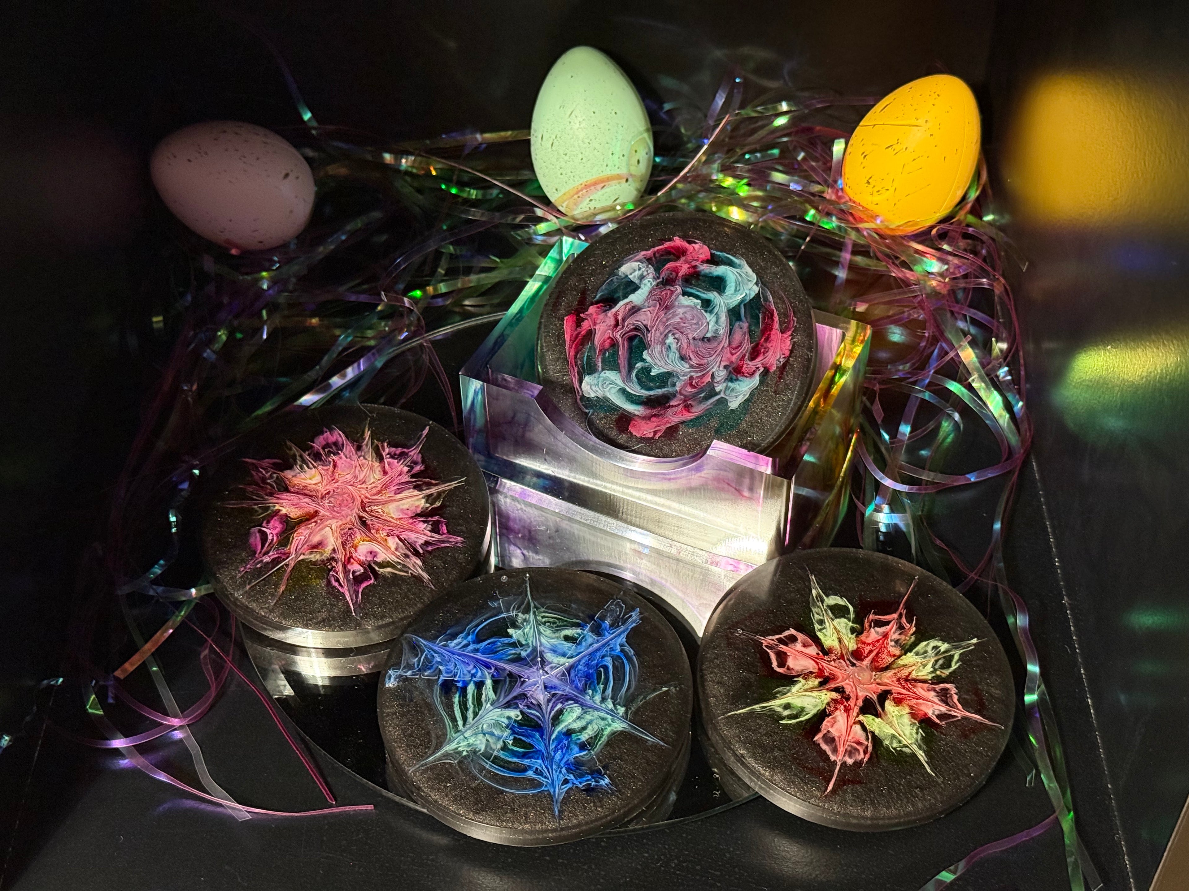 Black Rainbow Blooms Handcrafted Resin Coaster Set with Holder (Set of 4)