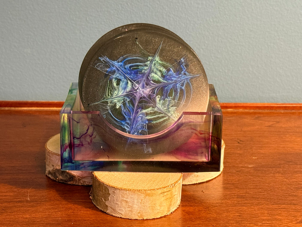 Black Rainbow Blooms Handcrafted Resin Coaster Set with Holder (Set of 4)