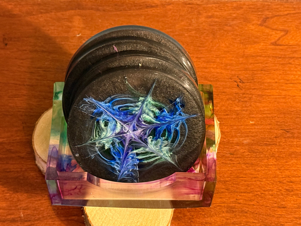Black Rainbow Blooms Handcrafted Resin Coaster Set with Holder (Set of 4)