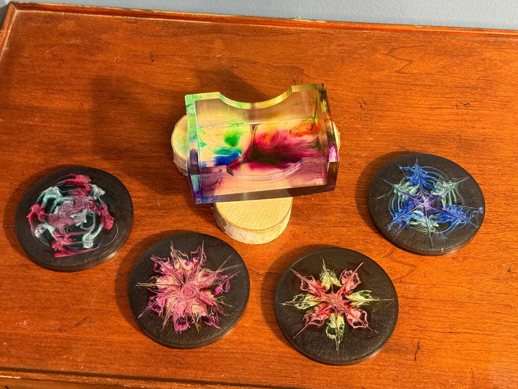 Black Rainbow Blooms Handcrafted Resin Coaster Set with Holder (Set of 4)