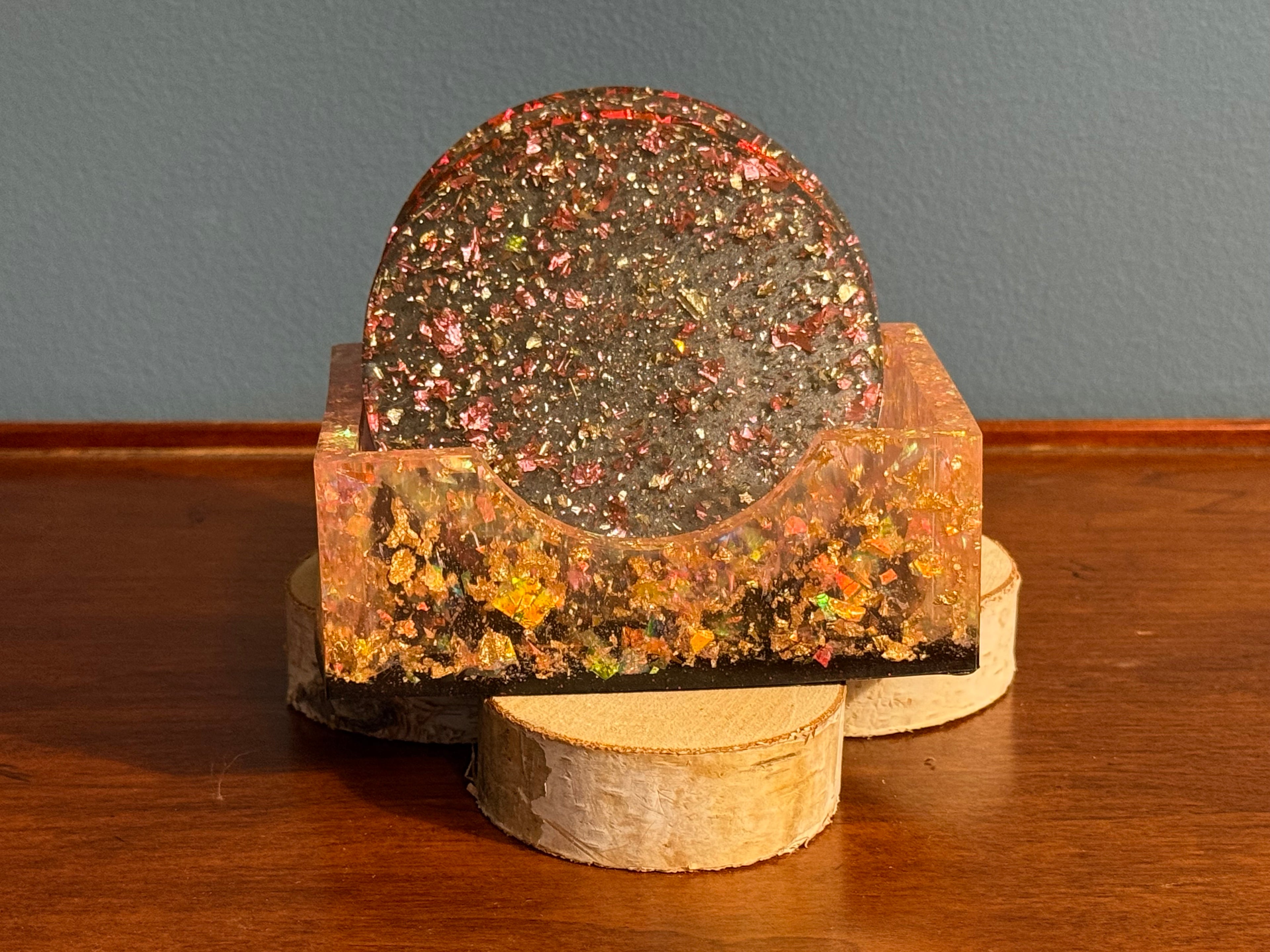 Red&Pink Flaked Handcrafted Resin Coaster Set with Holder (Set of 4)