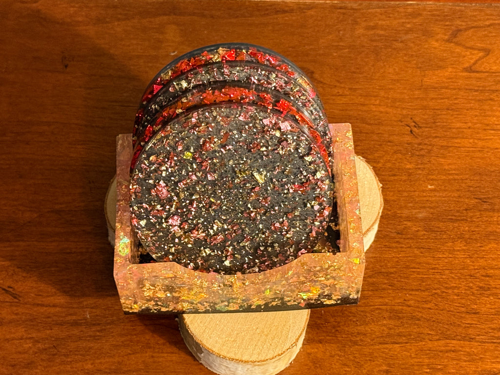Red&Pink Flaked Handcrafted Resin Coaster Set with Holder (Set of 4)