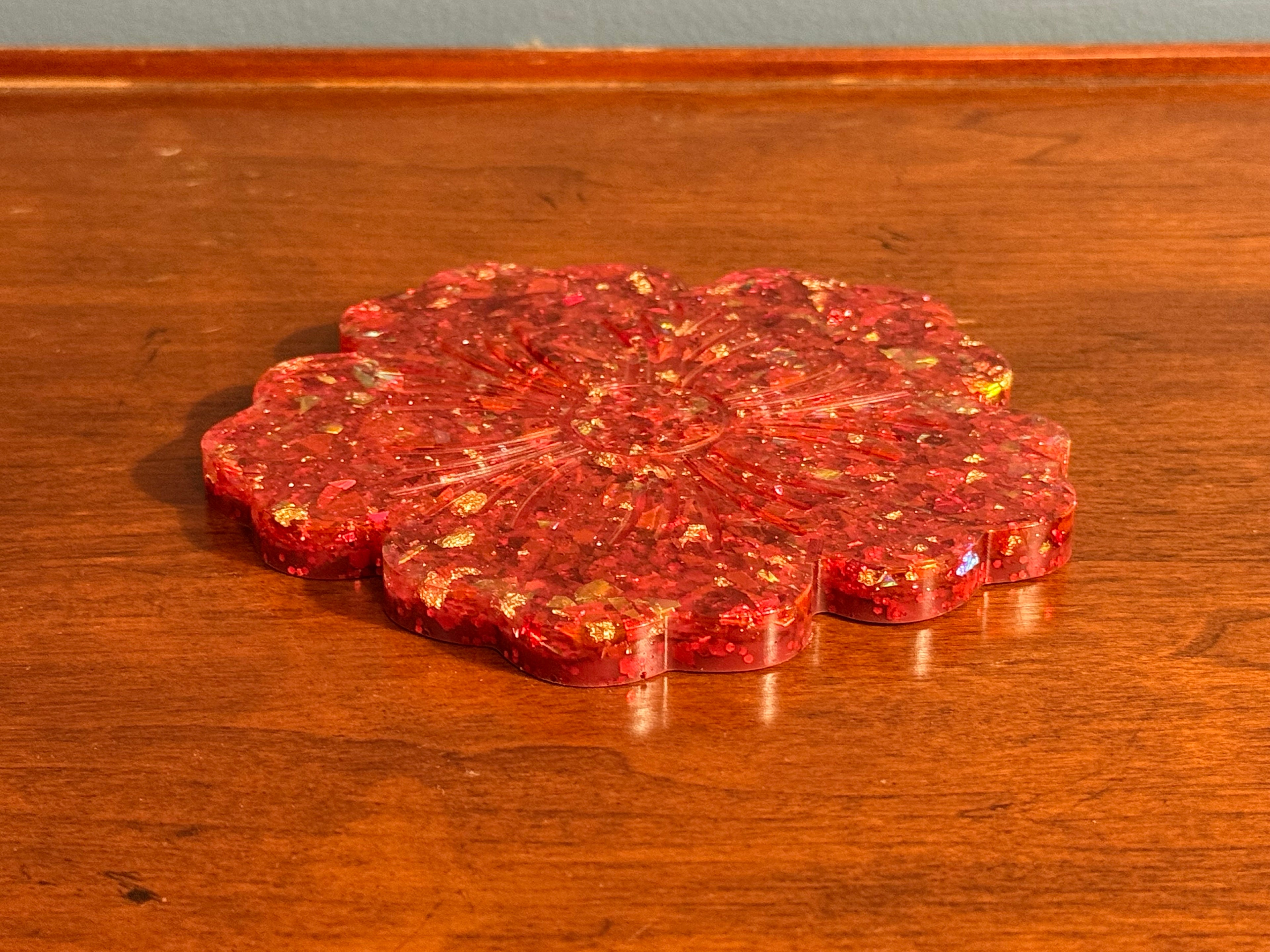 Ruby Gold Flake Resin Decorative Flower Tray