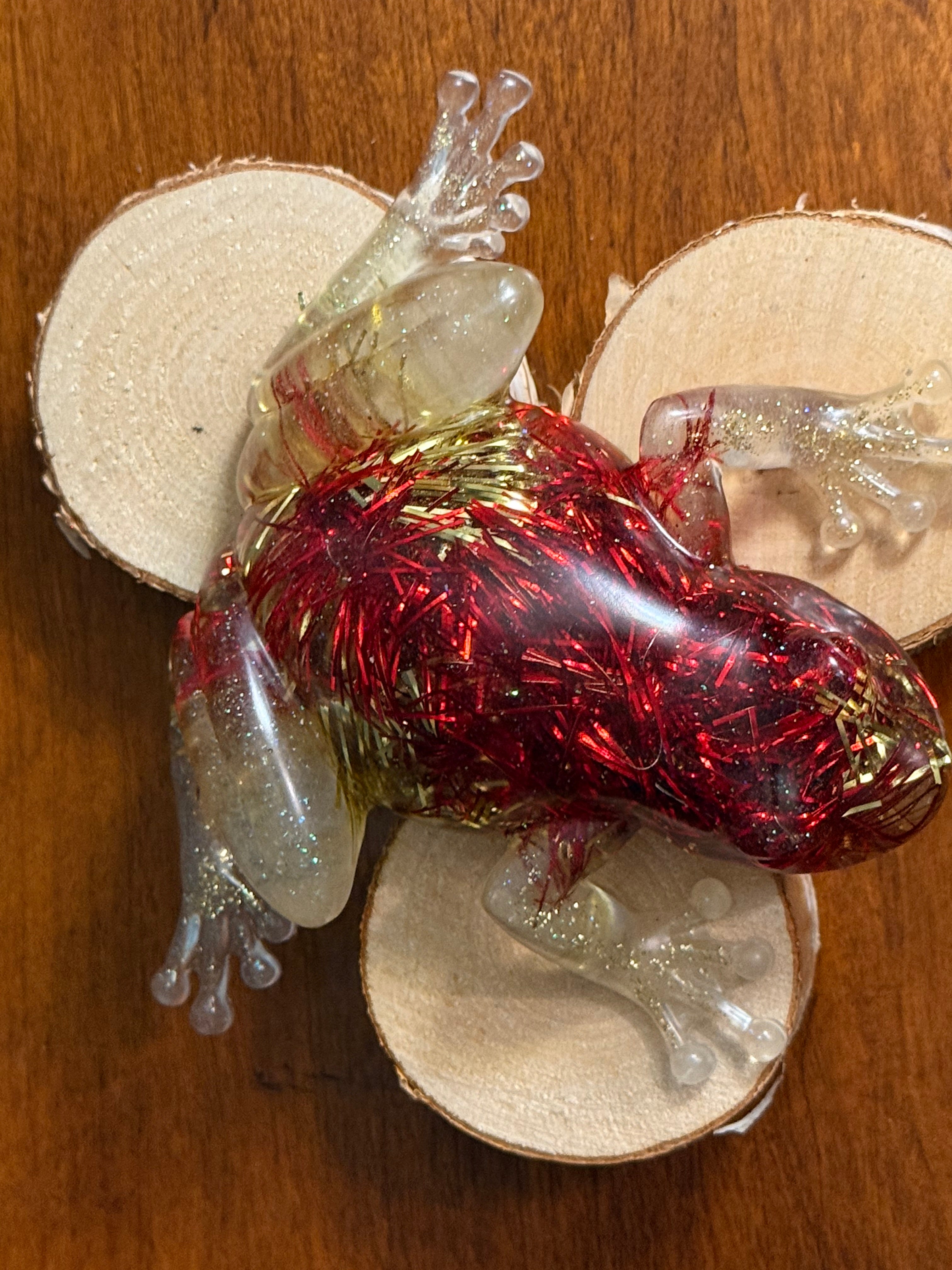 Red & Gold Tinsel Resin Frog